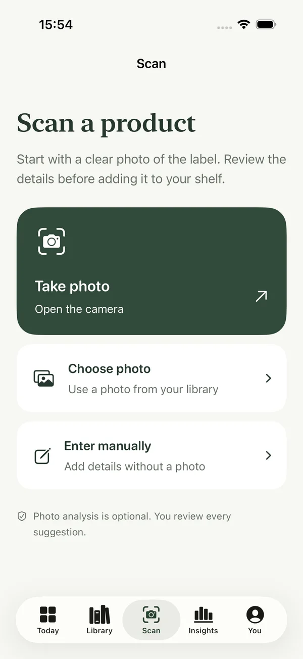 Uselyt Scan screen with options to take a photo, choose a photo or add manually
