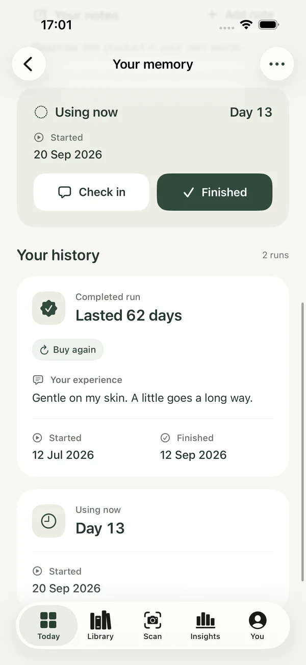 Uselyt product history showing a completed 62-day run and its Buy again verdict in sample data